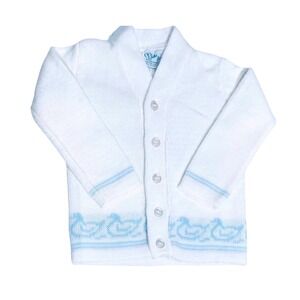 Vintage Julius Berger Baby Boys Cardigan White‎ Blue Ducks 3 Months Layette Item